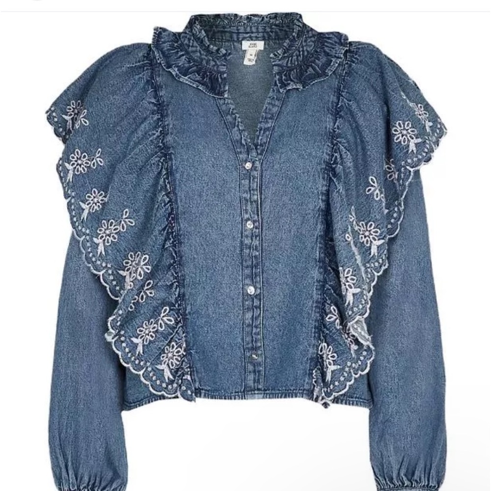 River Island Denim Ruffle Button Up Shirt NWT Small - Picture 2 of 9